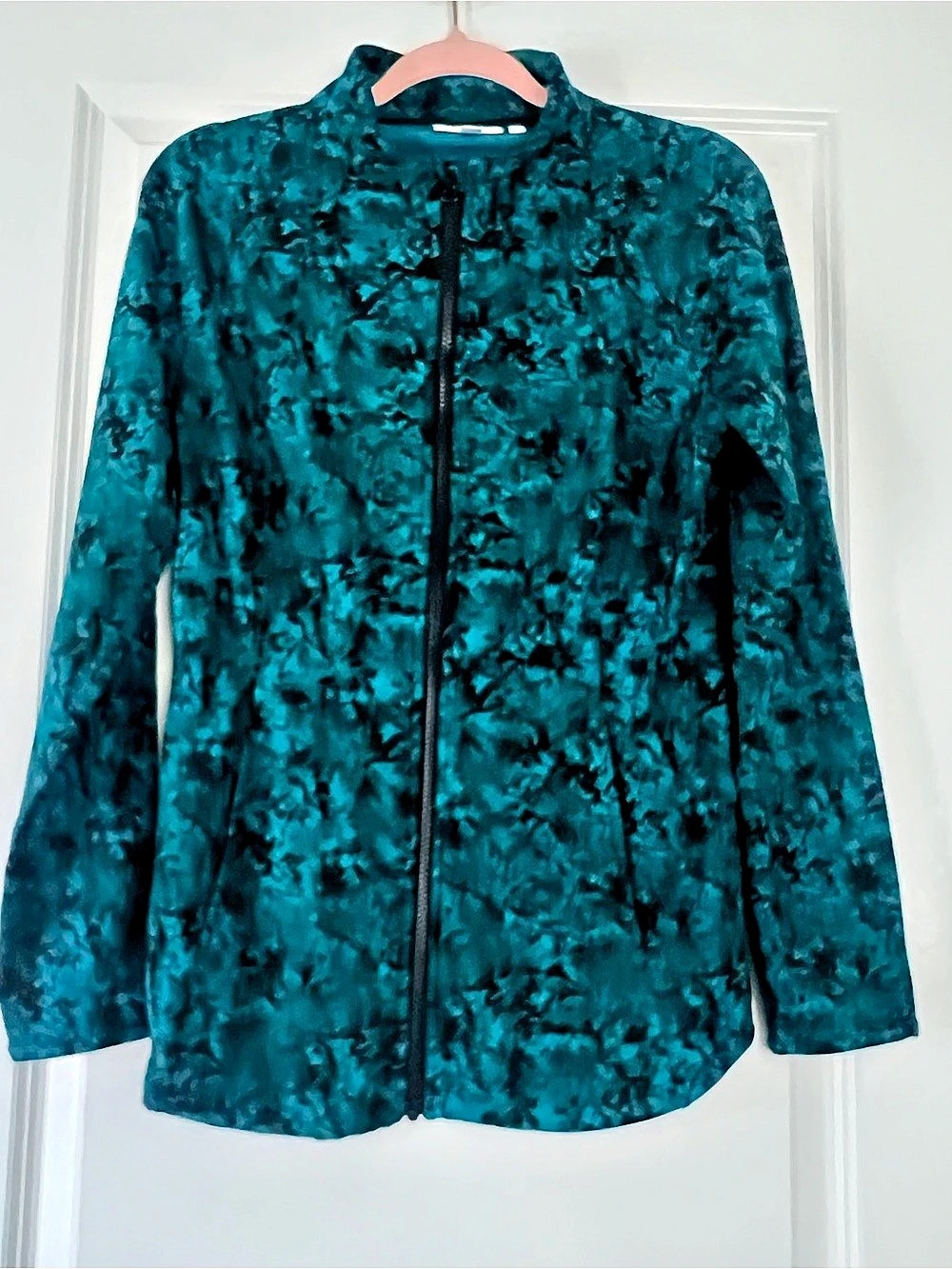 Chico's Abstract Knit Zip Jacket in Teal & Black Size Medium and 1 in Chico’s